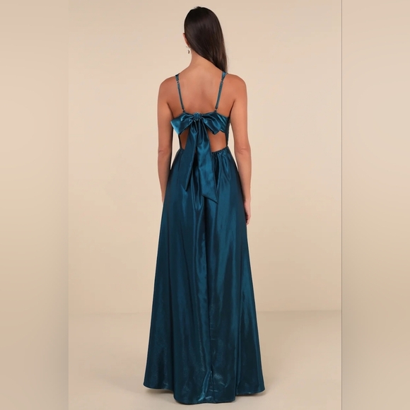 Lulus Immaculate Aura Shiny Dark Teal Taffeta Maxi Dress With Pockets S Wedding - Picture 5 of 11
